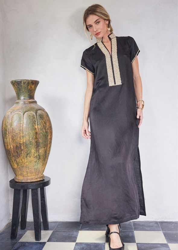 Bella Tu Pearl Cap Sleeve Caftan - Black