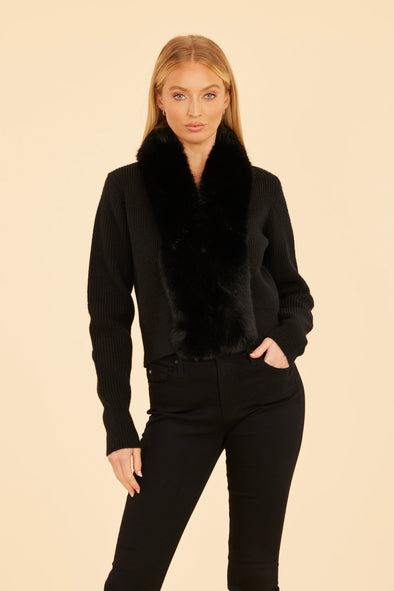 Dolce Cabo Faux Fur Trimmed Cropped Cardigan - Black