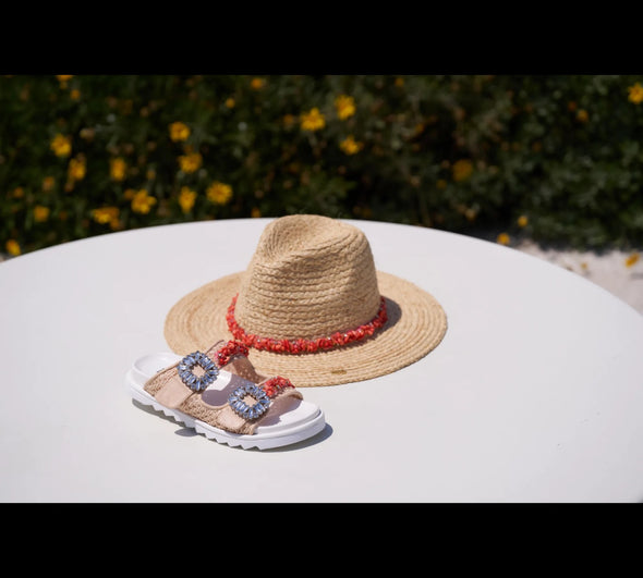 PHO Firenze Raffia Hat w/ Coral