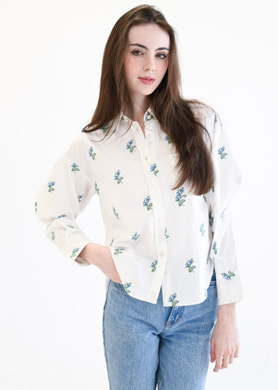 Never A Wallflower Top - Blue Green Floral Jacquard