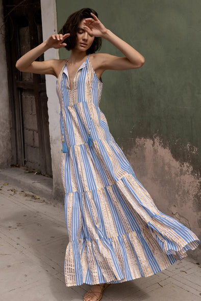 Oliphant Long Tiered Tassel Dress - Samoa Blue / Gold