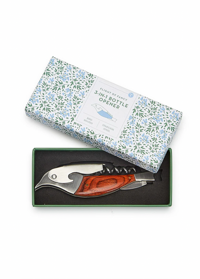 Two's Company Flight of Fancy 3-in-1 Bottle Opener in Gift Box Includes: Bottle Cap Lifter, Corkscrew, Foil Cutter - Stainless Steel/Maple Wood