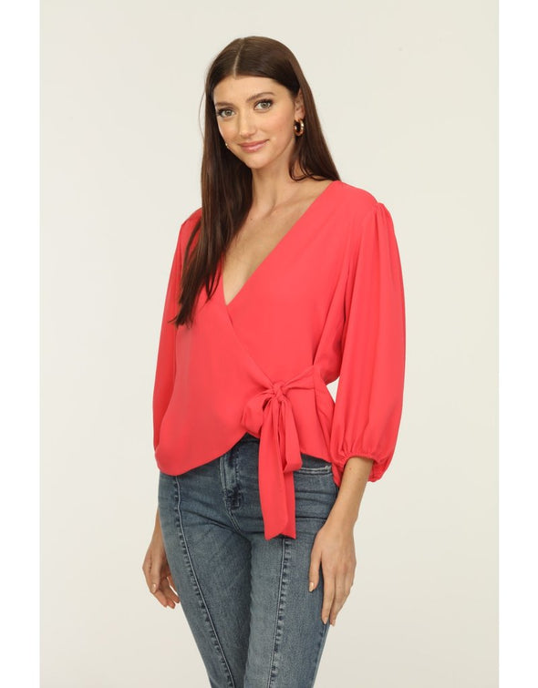 Veronica M Puff Sleeve Wrap Blouse - Coral